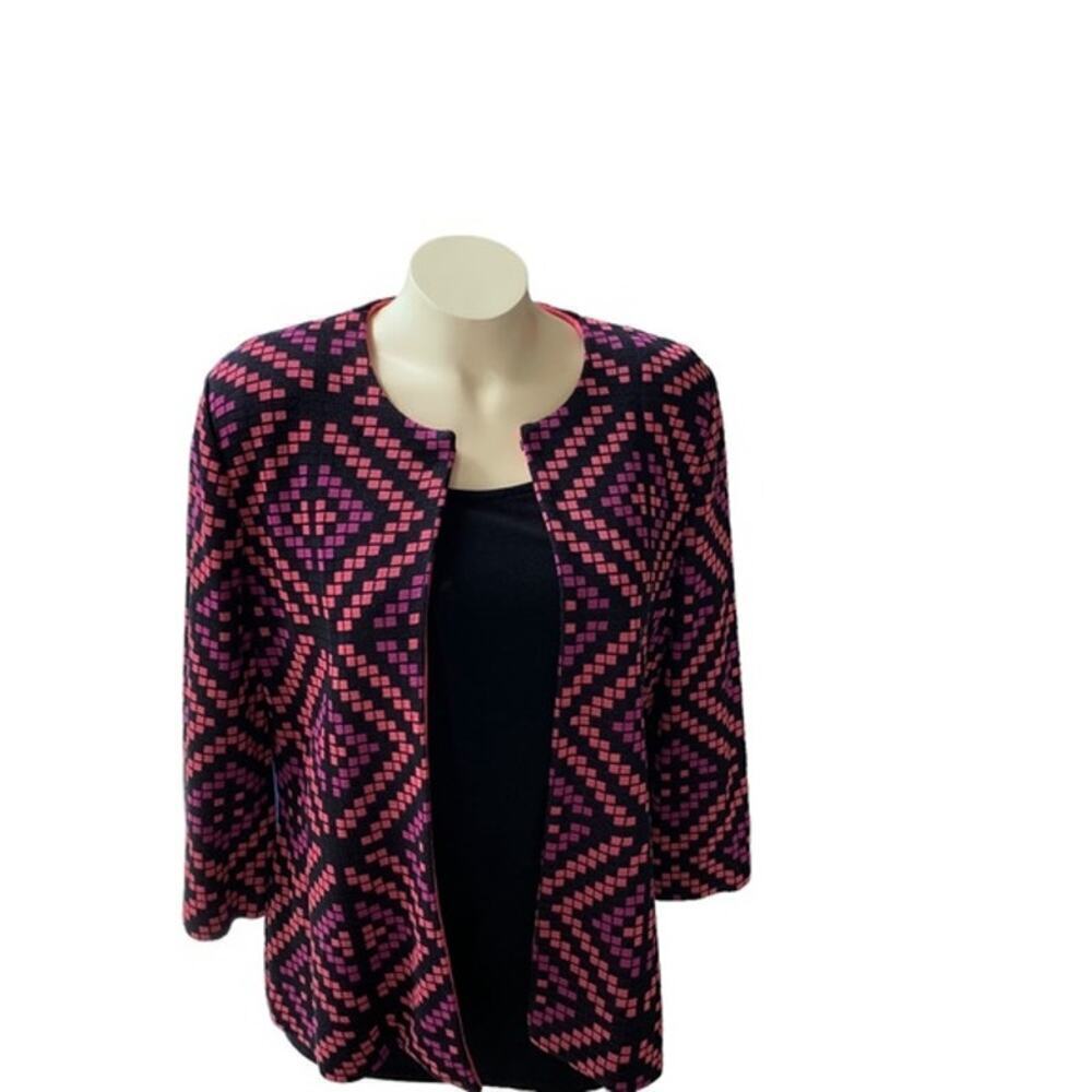 Misook sz medium cardigan blazer jacket pink black purple geometric pattern